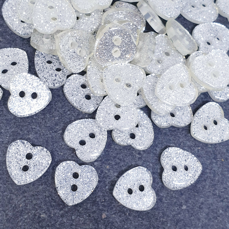 MajorCrafts 40pcs 12.5mm Clear Silver Glitter 2 Holes Small Heart Shaped Resin Sewing Buttons