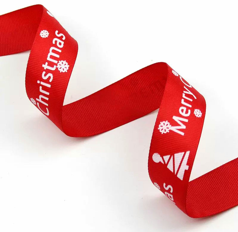 MajorCrafts 10mm 22metres Red 'Merry Christmas' Printed Single Sided Grosgrain Fabric Ribbon