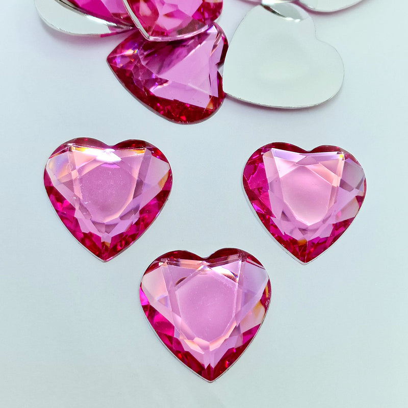 MajorCrafts 12pcs 30mm Rose Pink Flat Back Large Heart Acrylic Rhinestones