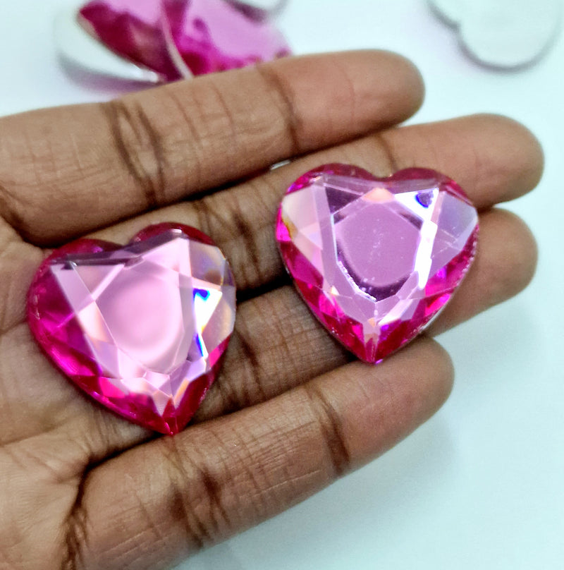 MajorCrafts 12pcs 30mm Rose Pink Flat Back Large Heart Acrylic Rhinestones