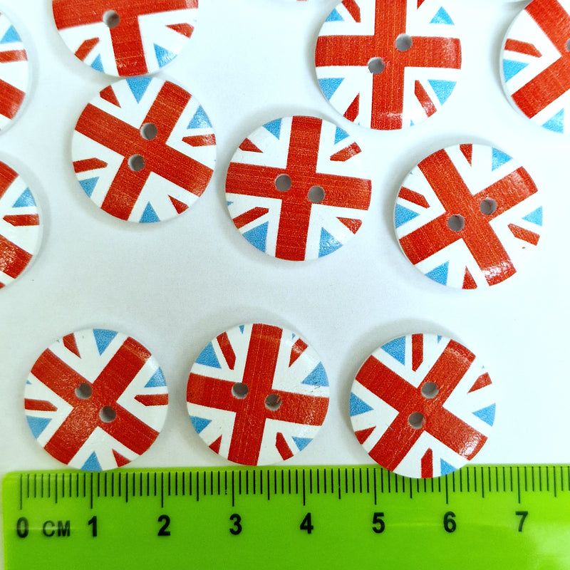 MajorCrafts 24pcs 20mm Light Blue Union Jack British Flag Round 2 Holes Wood Sewing Buttons