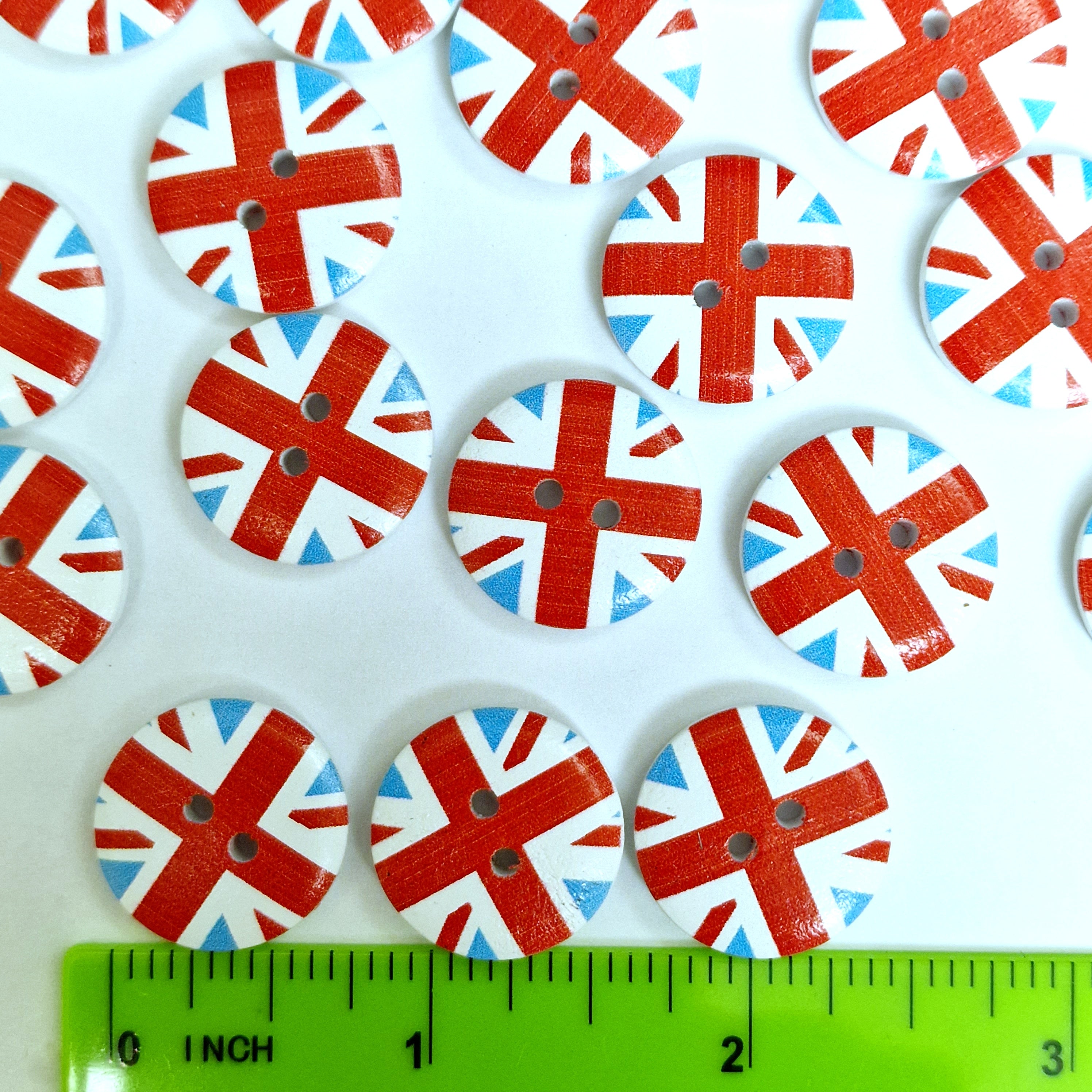 MajorCrafts 24pcs 20mm Light Blue Union Jack British Flag Round 2 Holes Wood Sewing Buttons