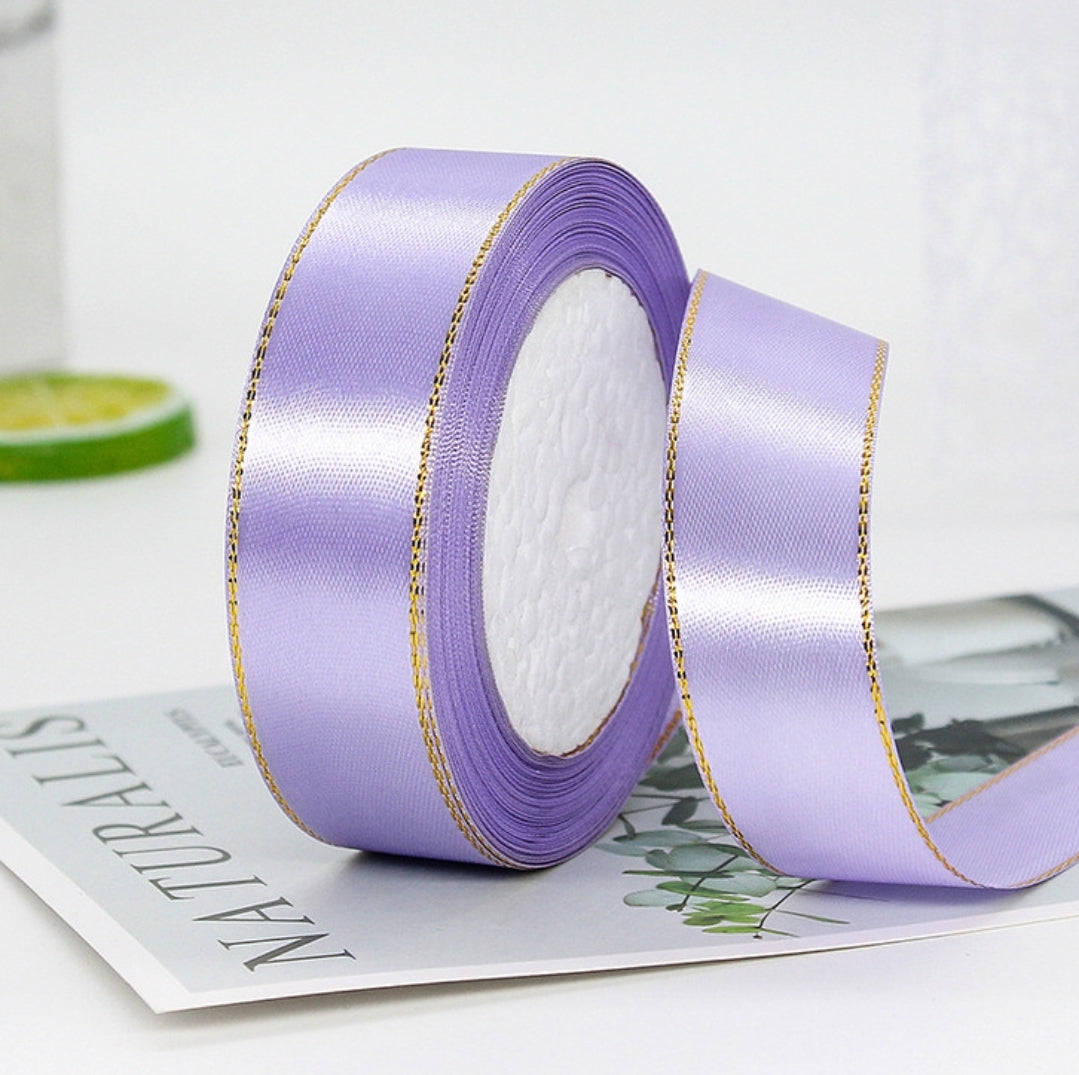 MajorCrafts 25mm 22metres Lilac Purple with Gold Edge Trim Satin Fabric Ribbon Roll R21