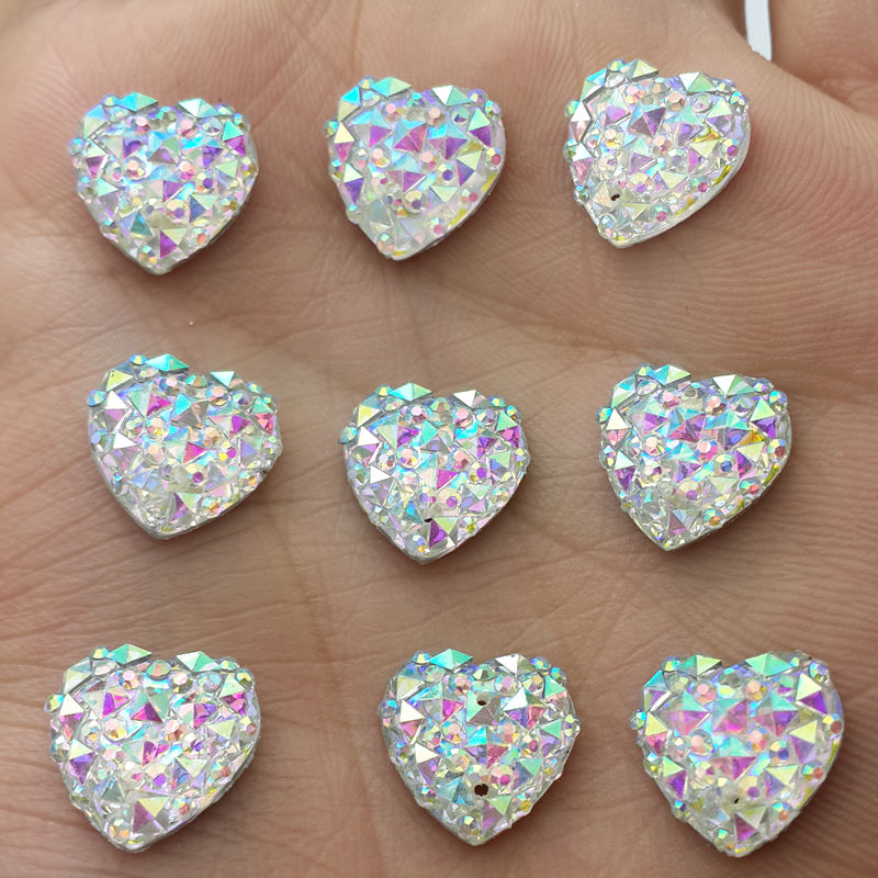 MajorCrafts 50pcs 12mm Crystal AB Heart 2 Holes Resin Sew On Rhinestones