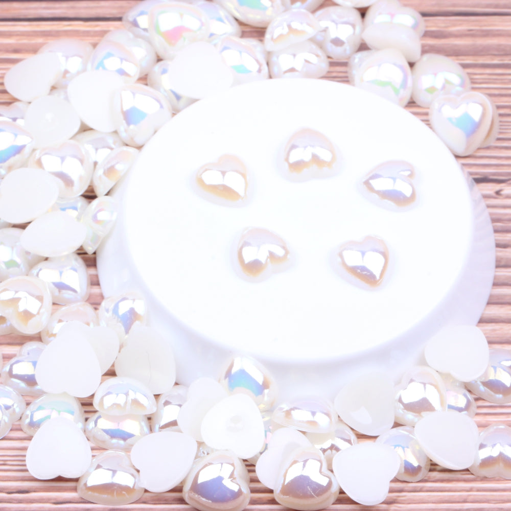 MajorCrafts Cream Ivory AB Flat Back Heart Resin Embellishment Pearls H02