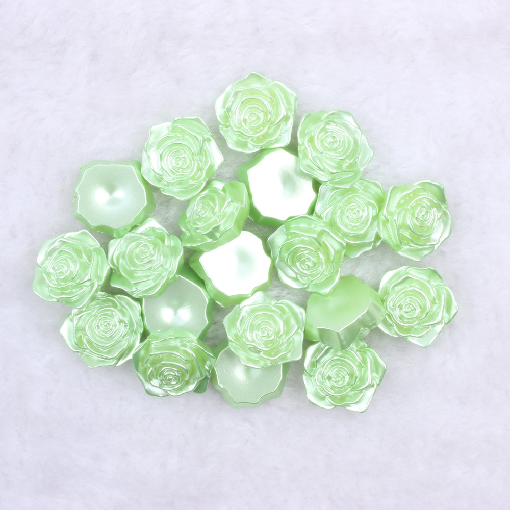 MajorCrafts 20pcs 18mm Light Green Flat Back Rose Flower Resin Cabochon Pearls C30