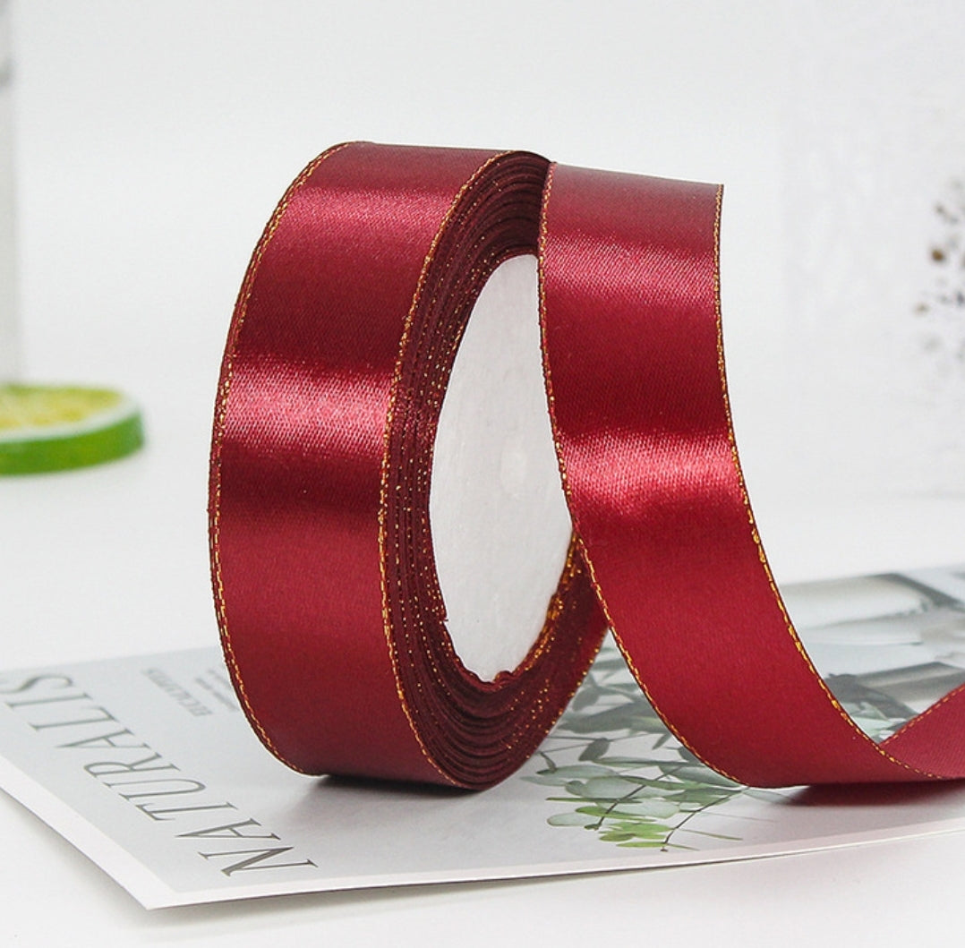 MajorCrafts 25mm 22metres Wine Red with Gold Edge Trim Satin Fabric Ribbon Roll R33