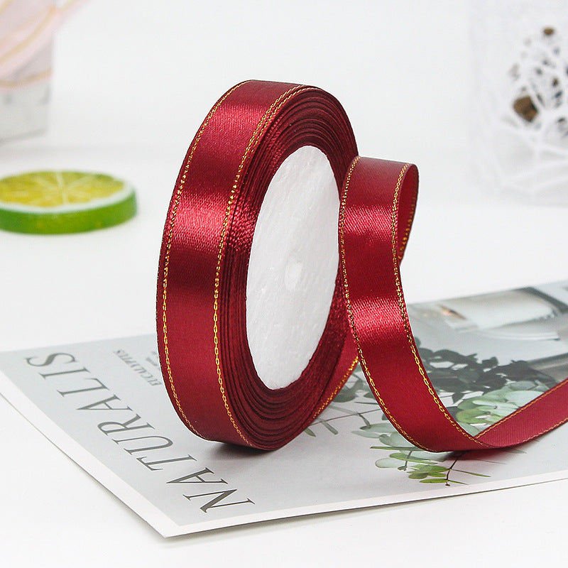 MajorCrafts 15mm 22metres Wine Red with Gold Edge Trim Satin Fabric Ribbon Roll R33