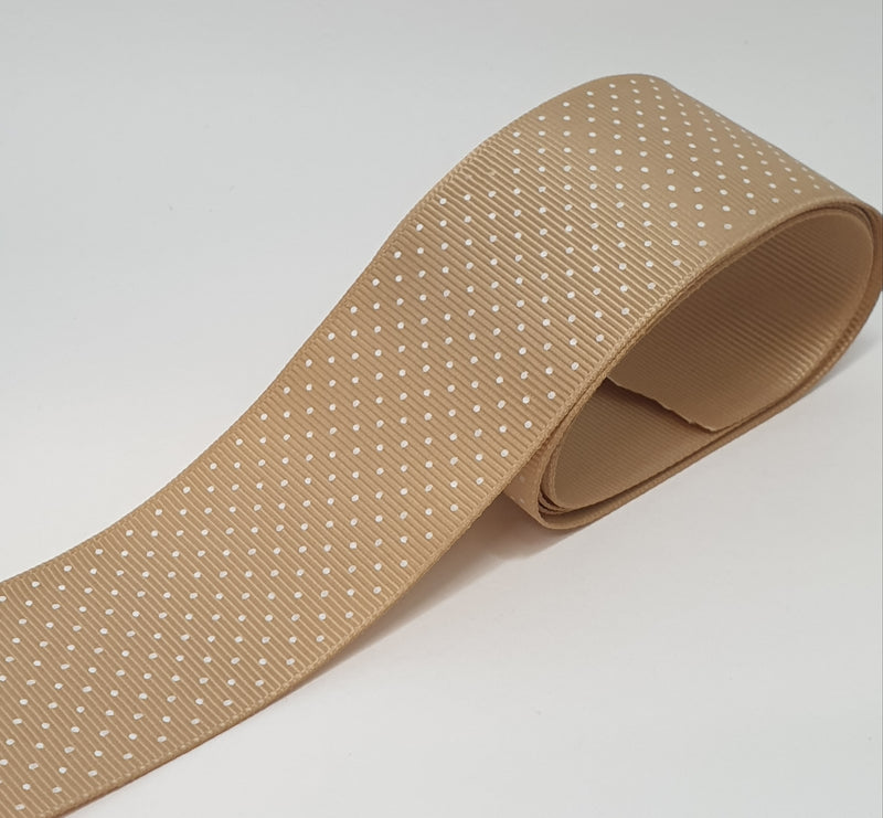 MajorCrafts 40mm 1metre Light Brown Polka Dot Single Sided Grosgrain Fabric Ribbon R835