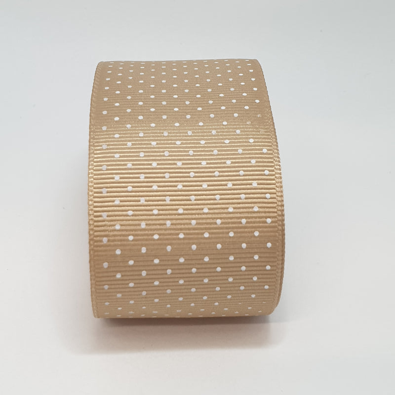 MajorCrafts 40mm 1metre Light Brown Polka Dot Single Sided Grosgrain Fabric Ribbon R835