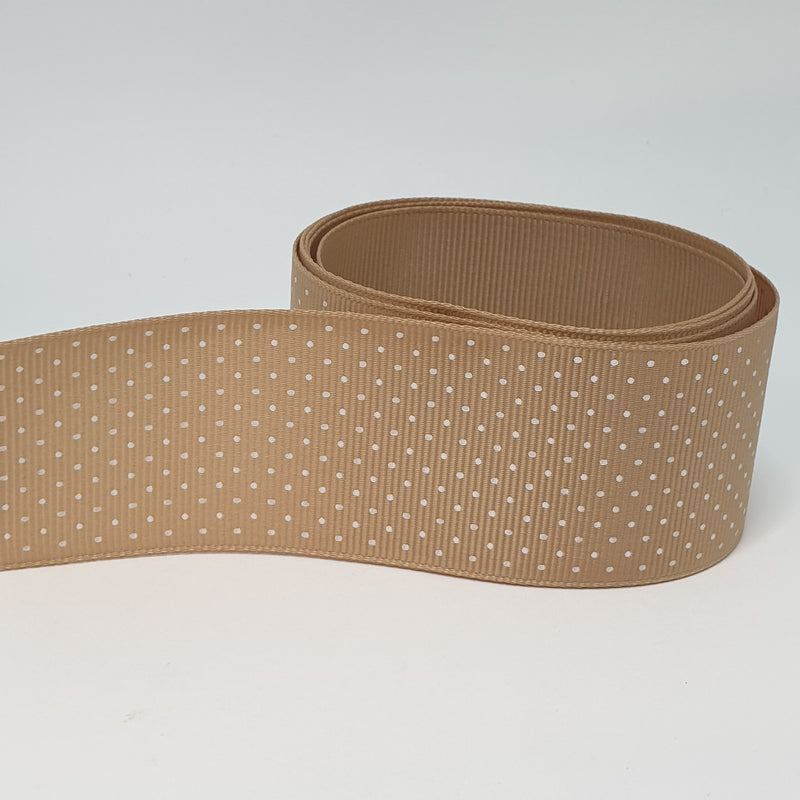 MajorCrafts 40mm 1metre Light Brown Polka Dot Single Sided Grosgrain Fabric Ribbon R835