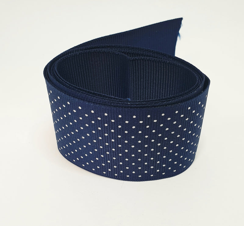 MajorCrafts 40mm 1metre Navy Blue Polka Dot Single Sided Grosgrain Fabric Ribbon R370