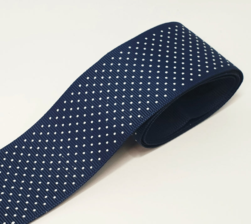 MajorCrafts 40mm 1metre Navy Blue Polka Dot Single Sided Grosgrain Fabric Ribbon R370