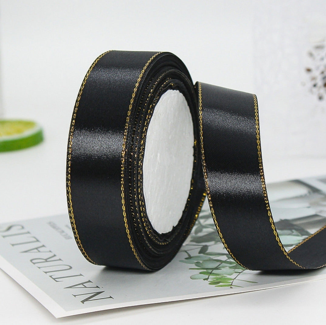 MajorCrafts 25mm 22metres Black with Gold Edge Trim Satin Fabric Ribbon Roll R39