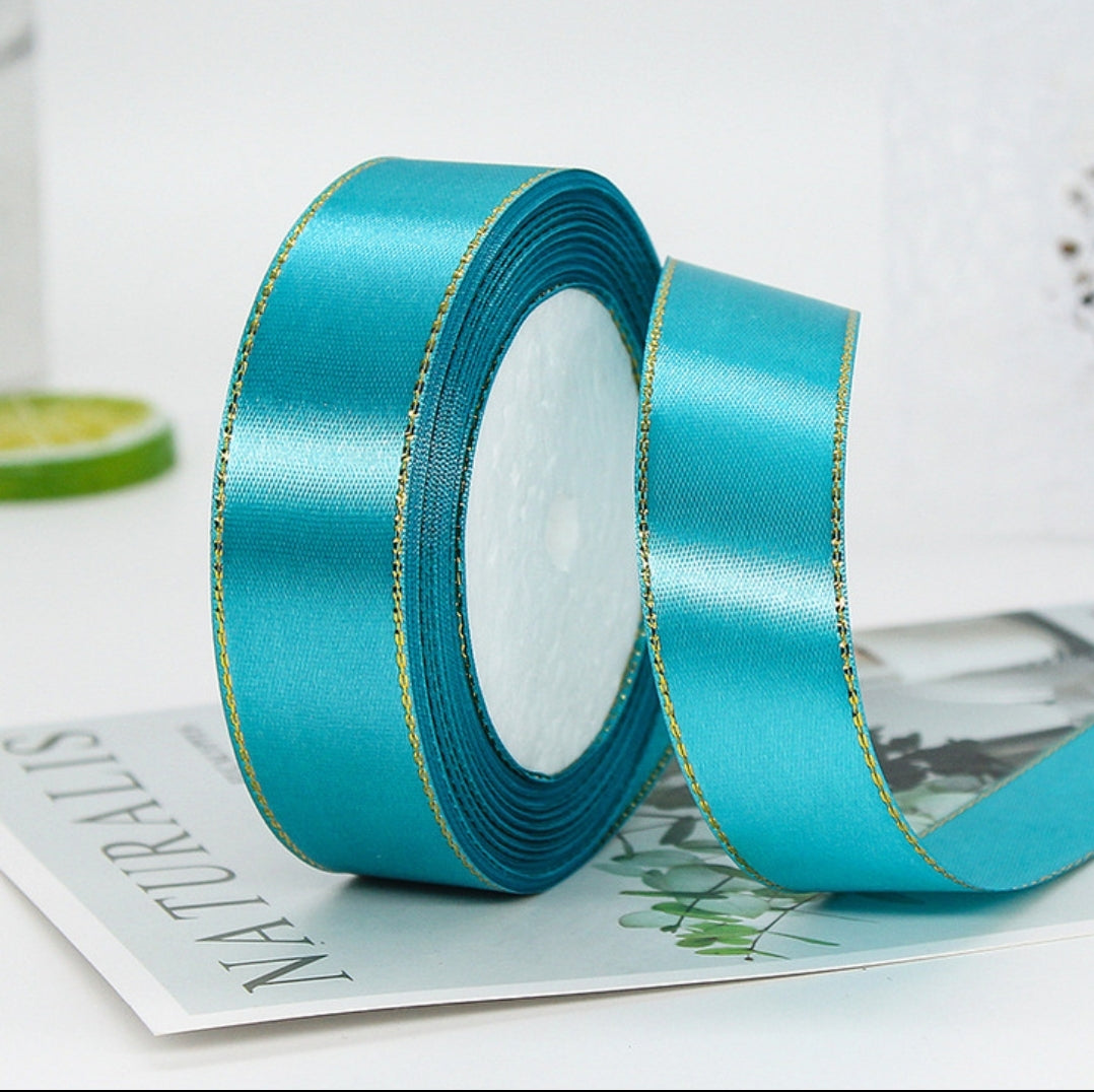 MajorCrafts 25mm 22metres Peacock Blue with Gold Edge Trim Satin Fabric Ribbon Roll R47