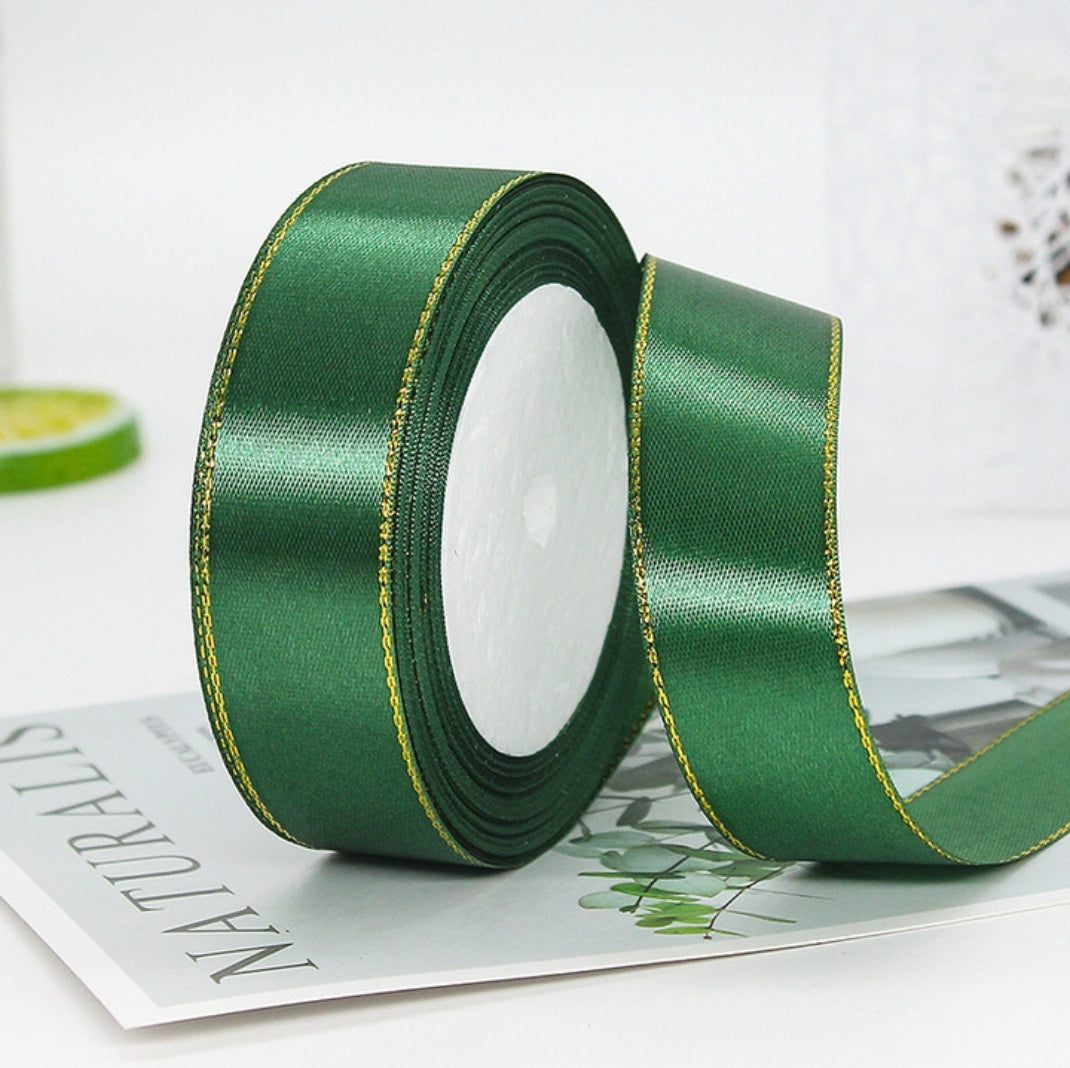 MajorCrafts 25mm 22metres Dark Green with Gold Edge Trim Satin Fabric Ribbon Roll R49