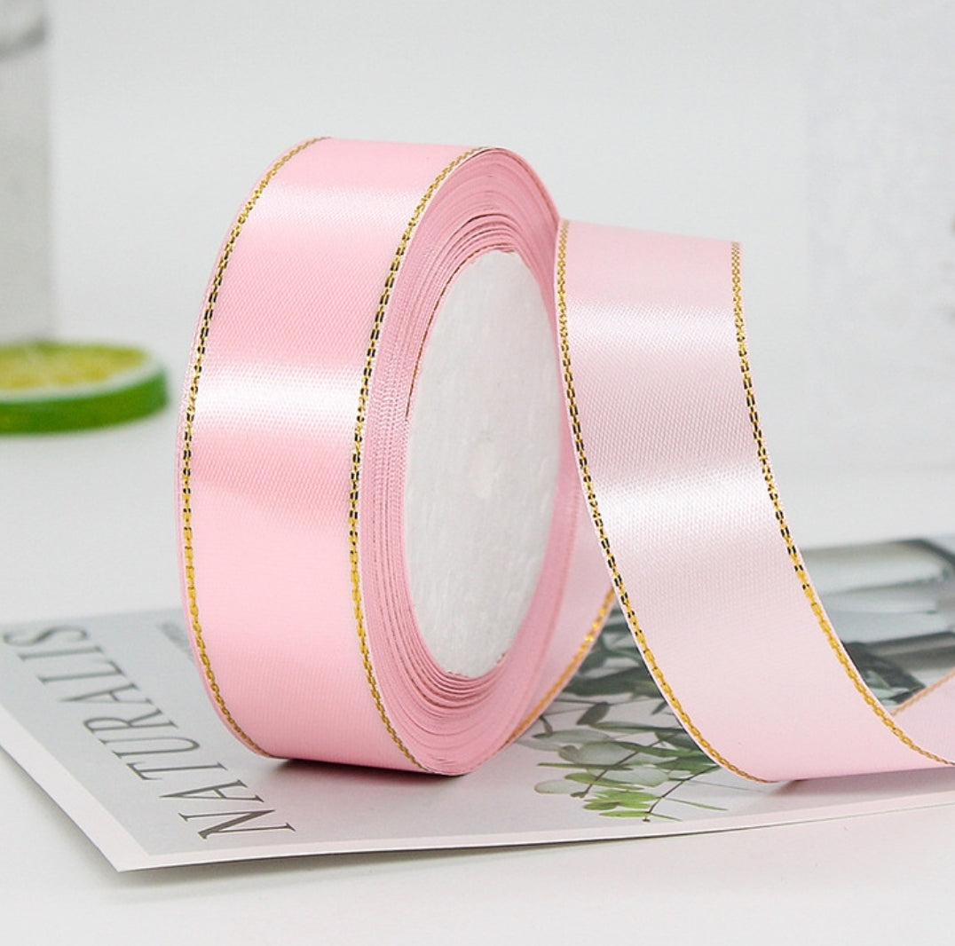 MajorCrafts 25mm 22metres Light Pink with Gold Edge Trim Satin Fabric Ribbon Roll R04