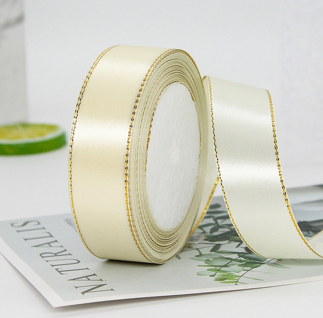 MajorCrafts 25mm 22metres Cream with Gold Edge Trim Satin Fabric Ribbon Roll R08