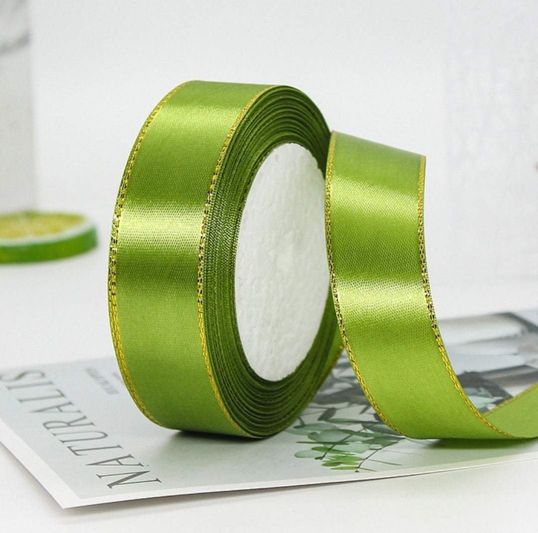 MajorCrafts 25mm 22metres Lime Green with Gold Edge Trim Satin Fabric Ribbon Roll R95