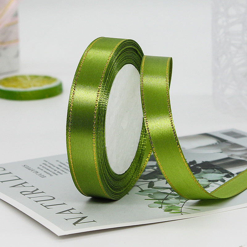 MajorCrafts 15mm 22metres Lime Green with Gold Edge Trim Satin Fabric Ribbon Roll R95