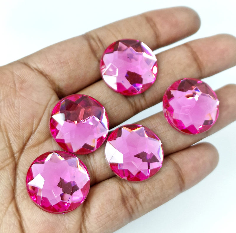 MajorCrafts 24pcs 22mm Rose Pink Star Facets Flat Back Round Acrylic Rhinestones A02
