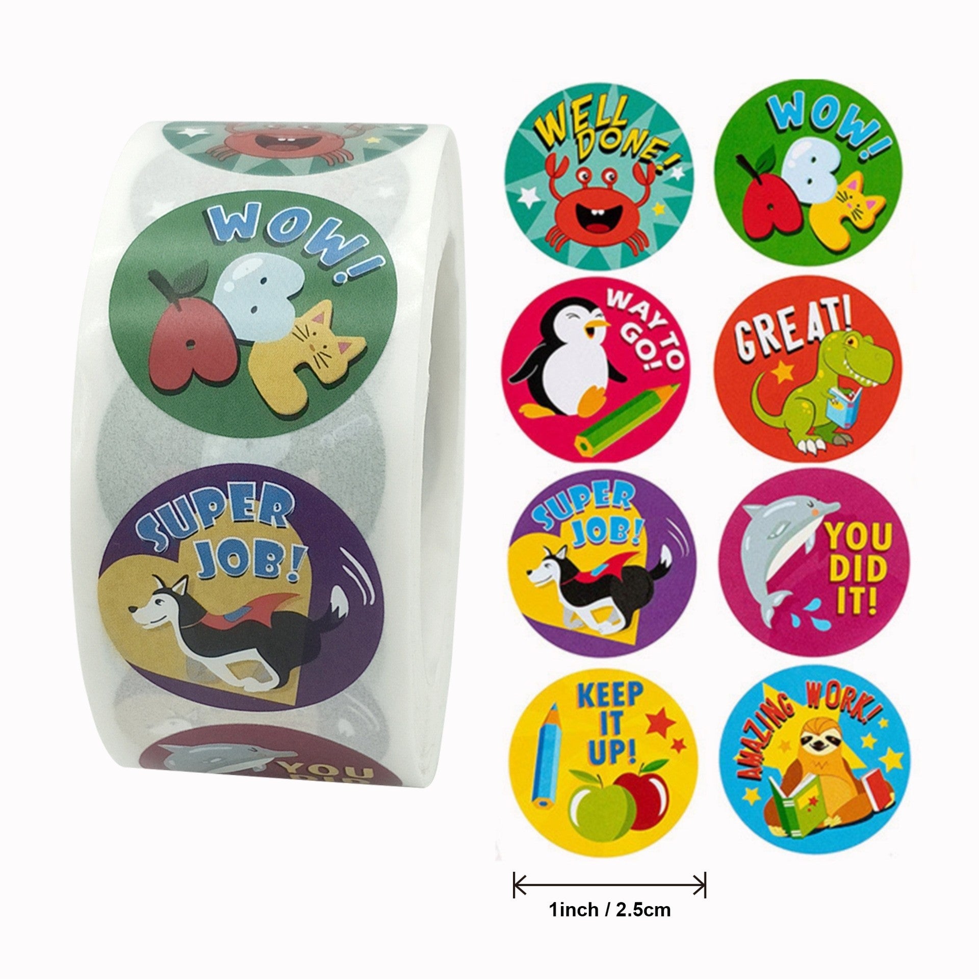 MajorCrafts 500 Labels per roll 2.5cm 1" wide Multicoloured 'Commendation Animal Print' Round Stickes V107