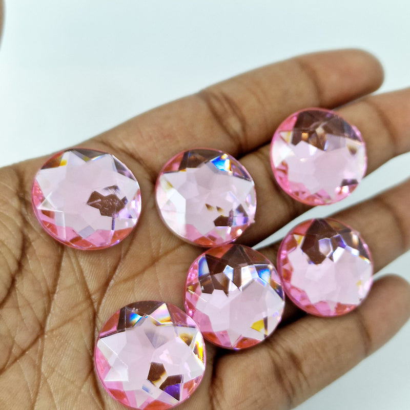 MajorCrafts 24pcs 22mm Light Pink Star Facets Flat Back Round Acrylic Rhinestones A03