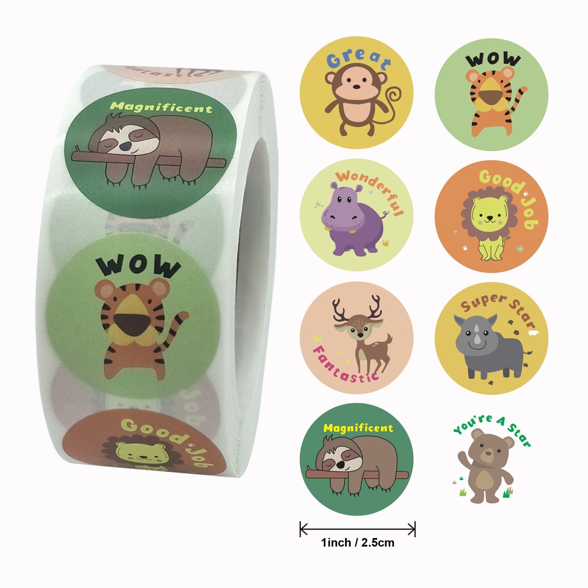 MajorCrafts 500 Labels per roll 2.5cm 1" wide Multicoloured 'Commendation Animal Print' Round Stickers V108