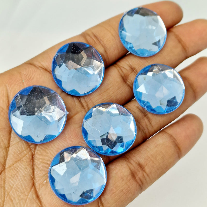 MajorCrafts 24pcs 22mm Light Blue Star Facets Flat Back Round Acrylic Rhinestones A26