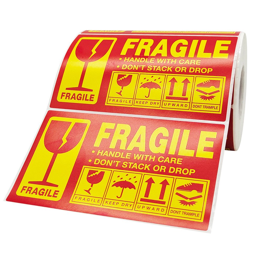 MajorCrafts 127mm x 76mm 'Fragile Handle with Care' Yellow & Red Printed Sticker Labels