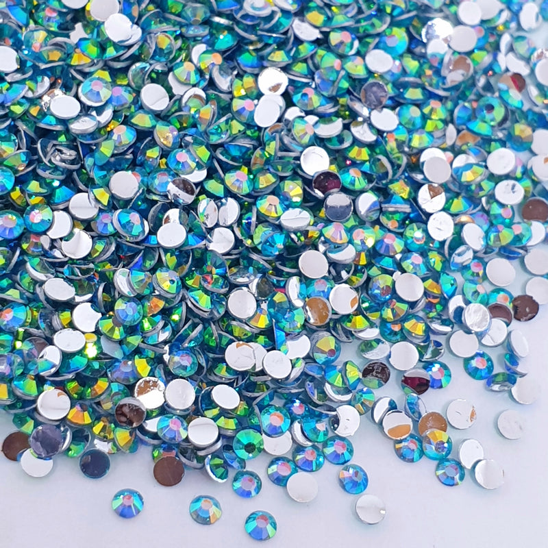 MajorCrafts Crystal Aquamarine Blue AB Flat Back Round 14 Facets Resin Rhinestones AB28
