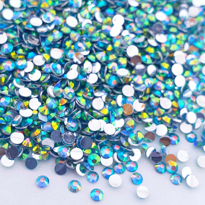 MajorCrafts Crystal Aquamarine Blue AB Flat Back Round 14 Facets Resin Rhinestones AB28