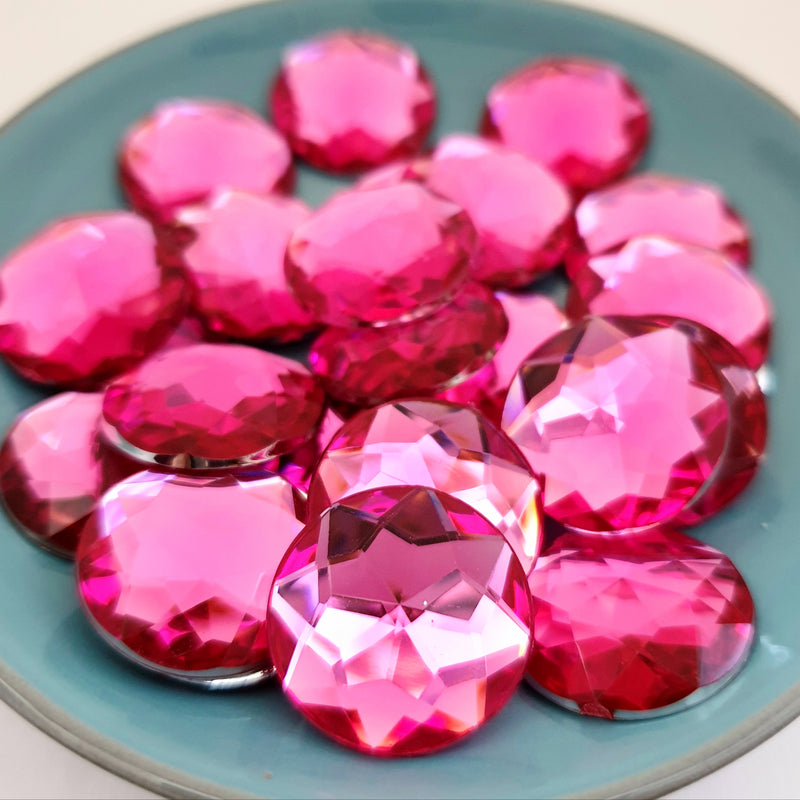 MajorCrafts 24pcs 20mm Rose Pink Star Facets Flat Back Large Round Acrylic Rhinestones