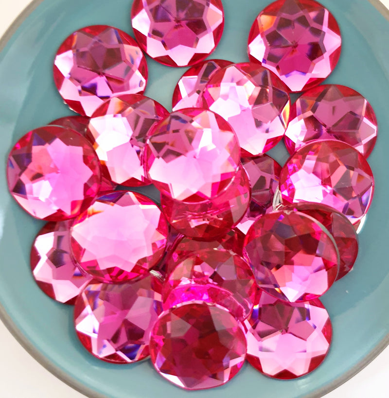 MajorCrafts 24pcs 20mm Rose Pink Star Facets Flat Back Large Round Acrylic Rhinestones