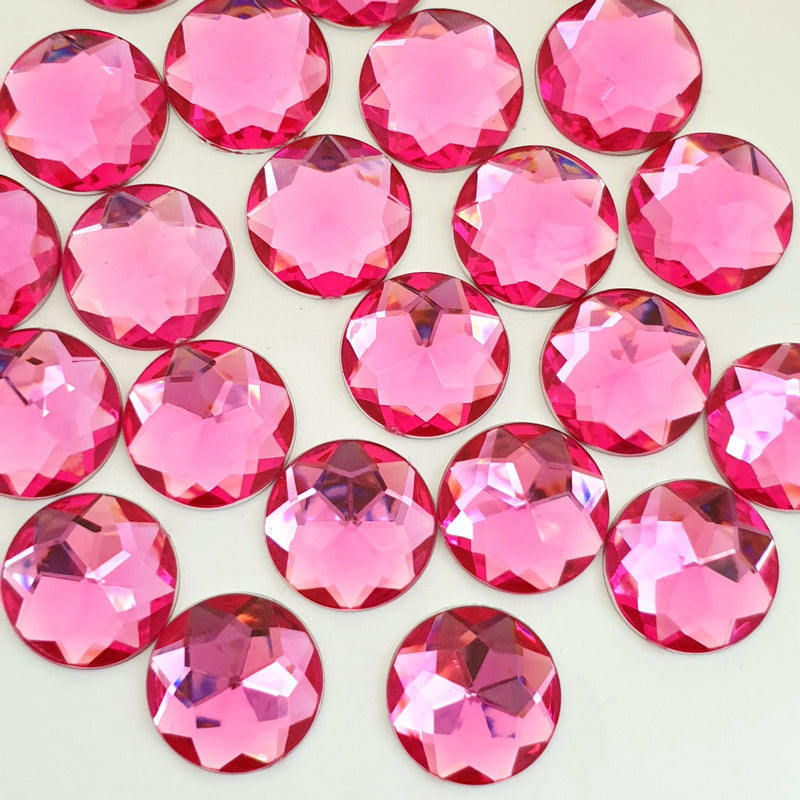 MajorCrafts 24pcs 20mm Rose Pink Star Facets Flat Back Large Round Acrylic Rhinestones