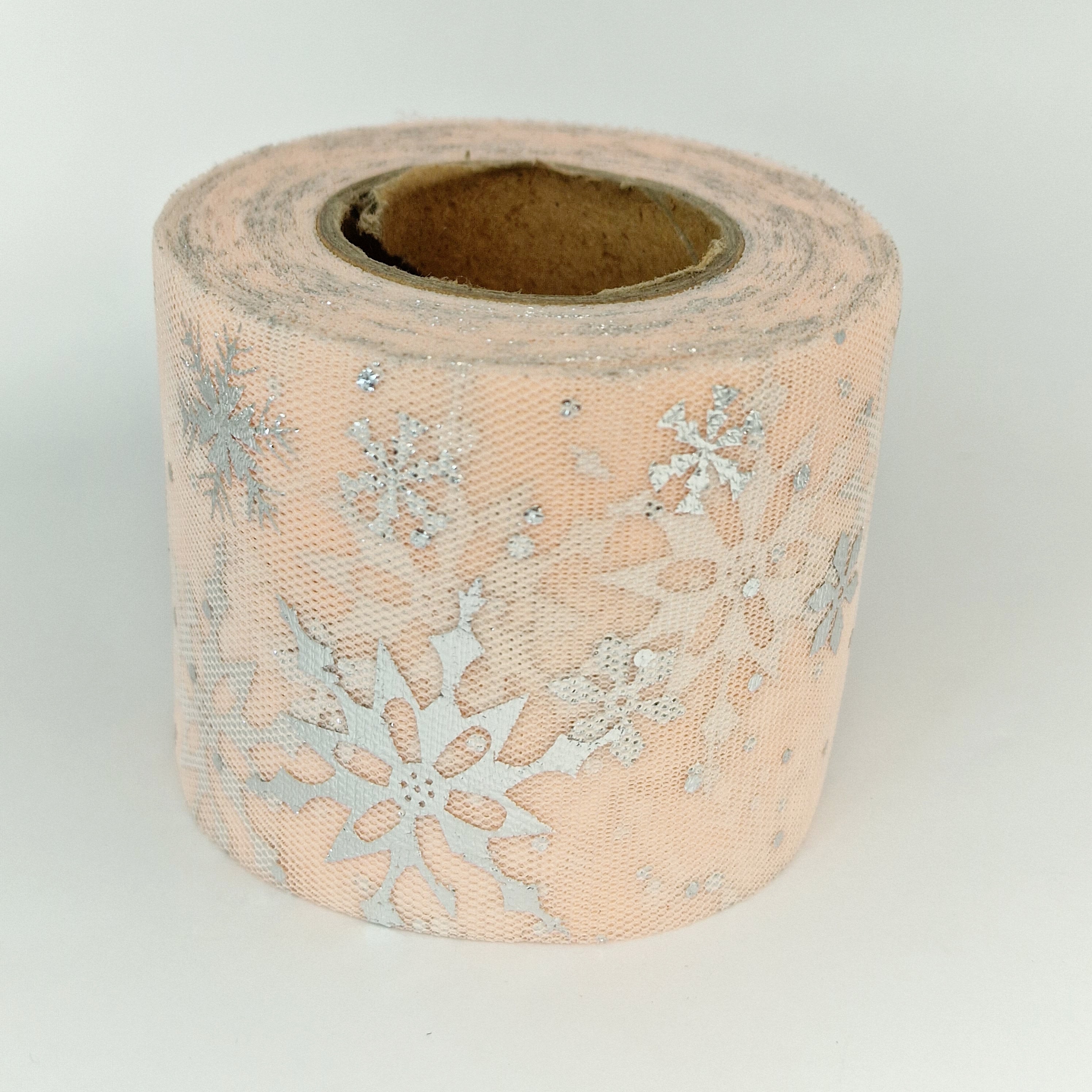 MajorCrafts 60mm 22metres Champagne with Silver Snowflakes Tulle Mesh Ribbon