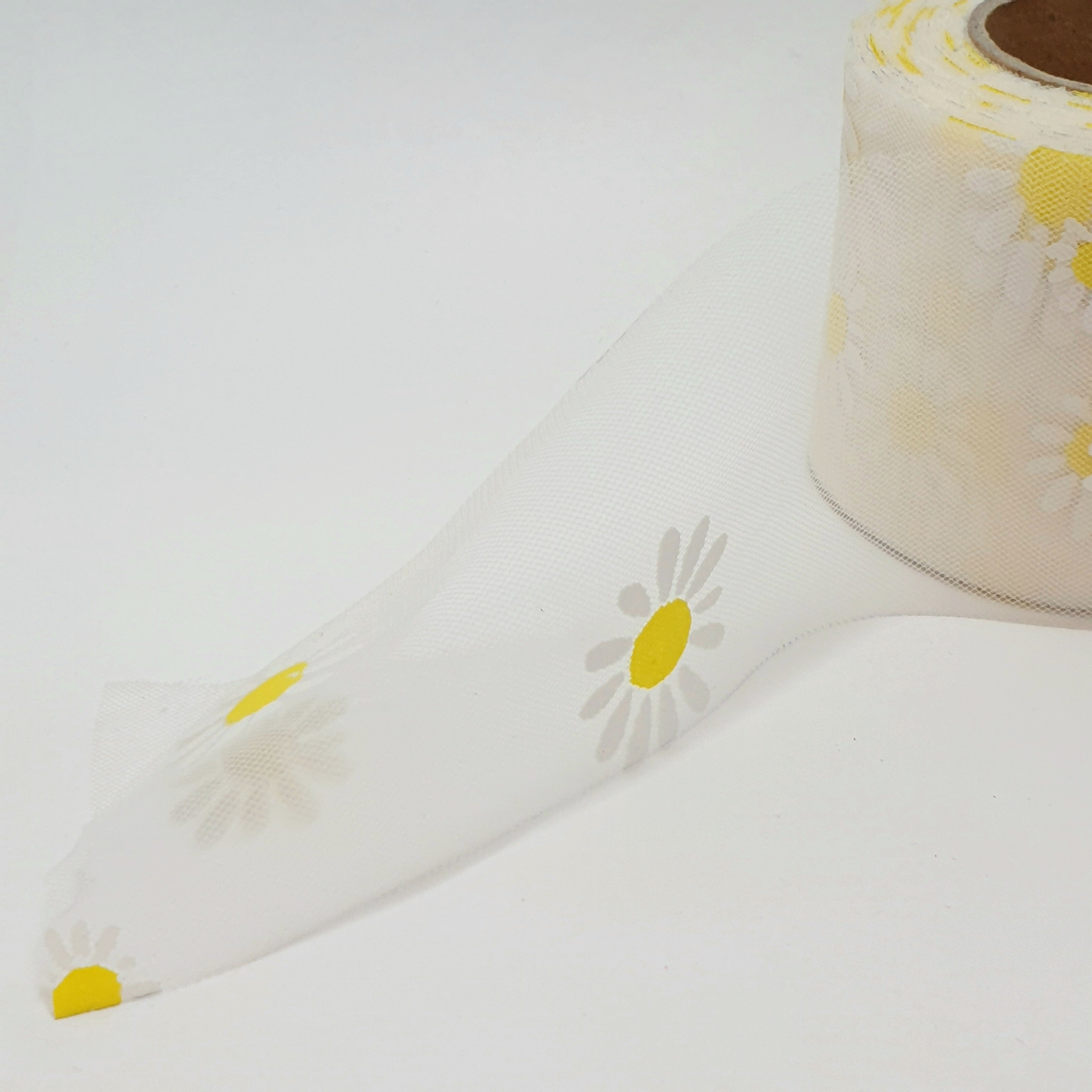 MajorCrafts 60mm 22metres Cream & White Daisy Flower Tulle Mesh Ribbon