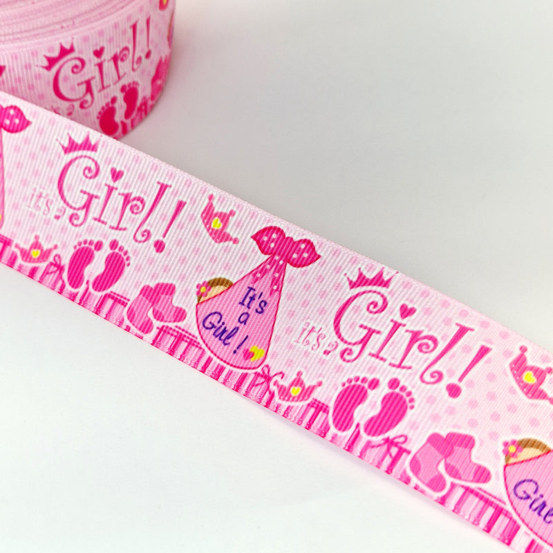 MajorCrafts 2metres 40mm Pink & White It's a Girl Newborn Baby Grosgrain Ribbon D01