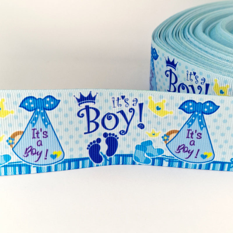 MajorCrafts 2metres 40mm Blue & White It's a Boy Newborn Baby Grosgrain Ribbon D04