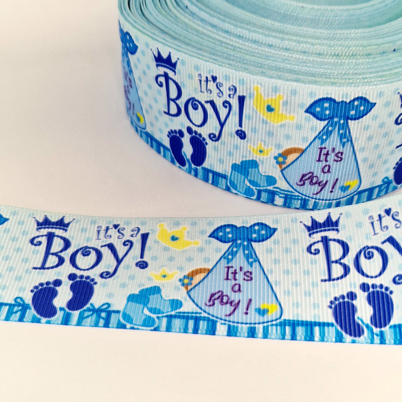 MajorCrafts 2metres 40mm Blue & White It's a Boy Newborn Baby Grosgrain Ribbon D04