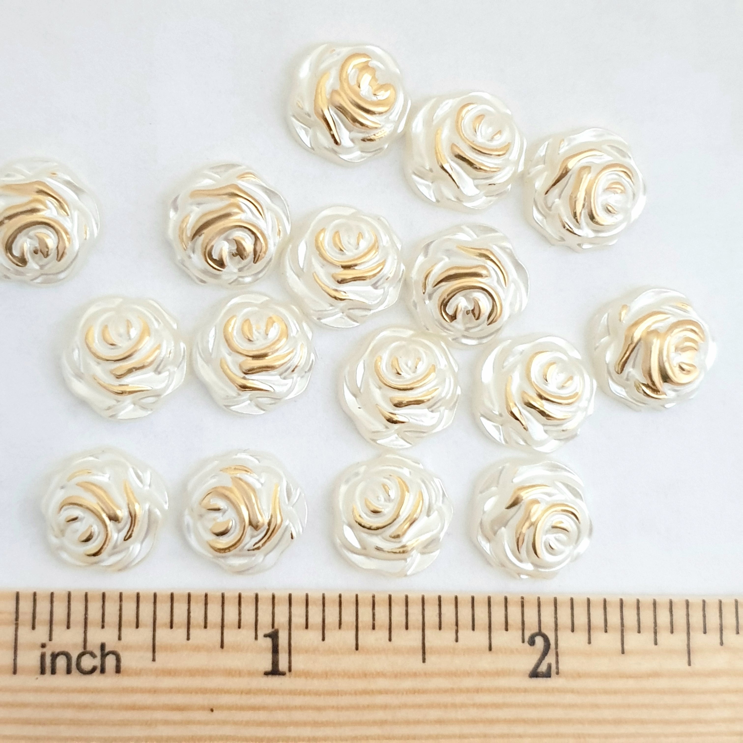 MajorCrafts 60pcs 12mm Gold Ivory Flat Back Rose Flower Resin Pearls