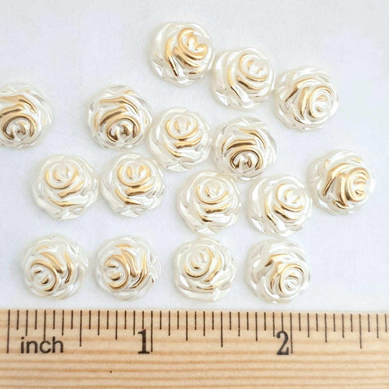 MajorCrafts 60pcs 12mm Gold Ivory Flat Back Rose Flower Resin Pearls
