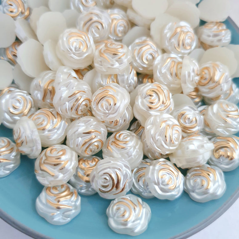 MajorCrafts 60pcs 12mm Gold Ivory Flat Back Rose Flower Resin Pearls