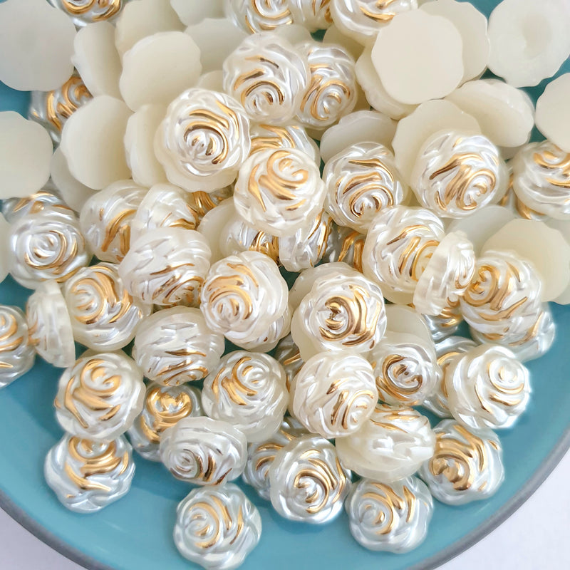 MajorCrafts 60pcs 12mm Gold Ivory Flat Back Rose Flower Resin Pearls