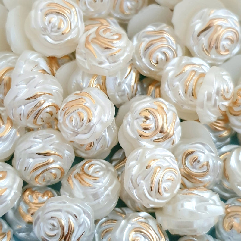 MajorCrafts 60pcs 12mm Gold Ivory Flat Back Rose Flower Resin Pearls