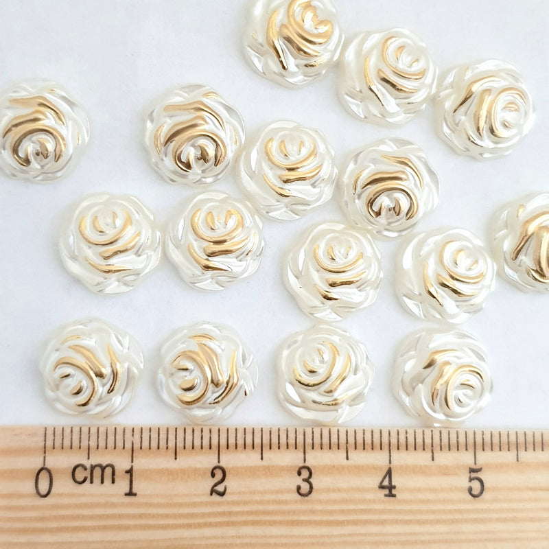 MajorCrafts 60pcs 12mm Gold Ivory Flat Back Rose Flower Resin Pearls