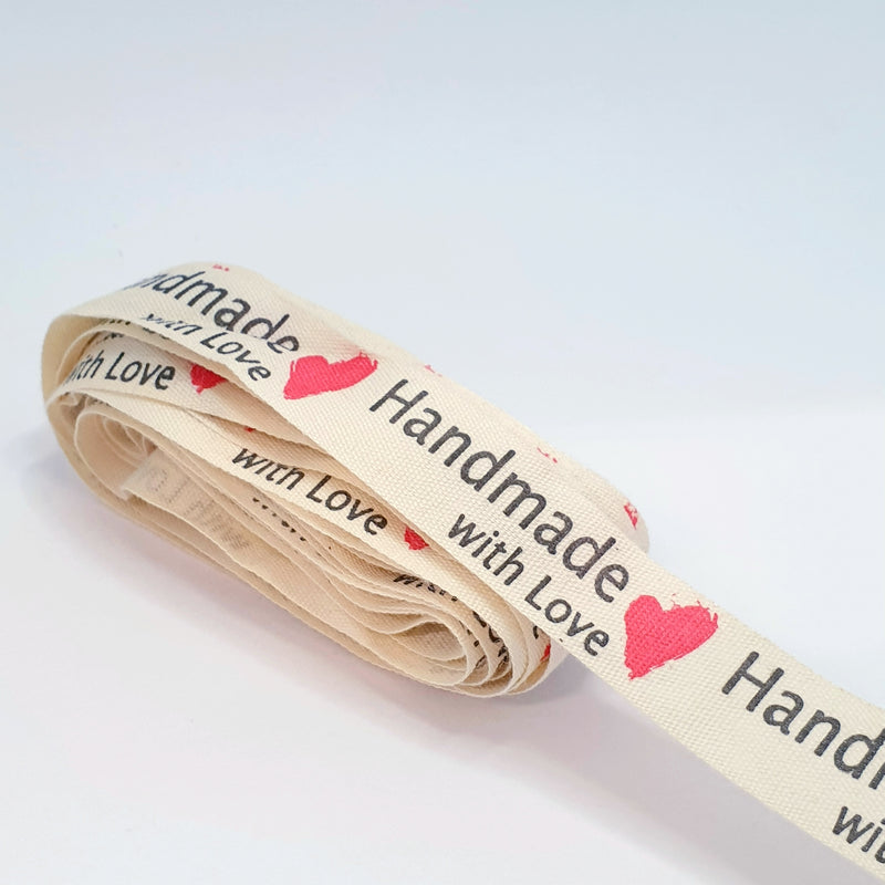 MajorCrafts 4.5m 5yds - 15mm wide 'handmade with love' Printed Cotton Fabric Ribbon