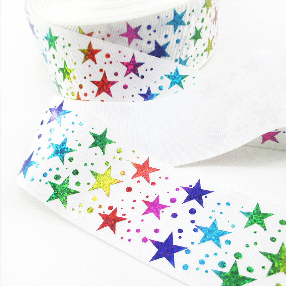 MajorCrafts 50mm 2meters Multicoloured Holographic Star Pattern Single Sided Grosgrain Fabric Ribbon