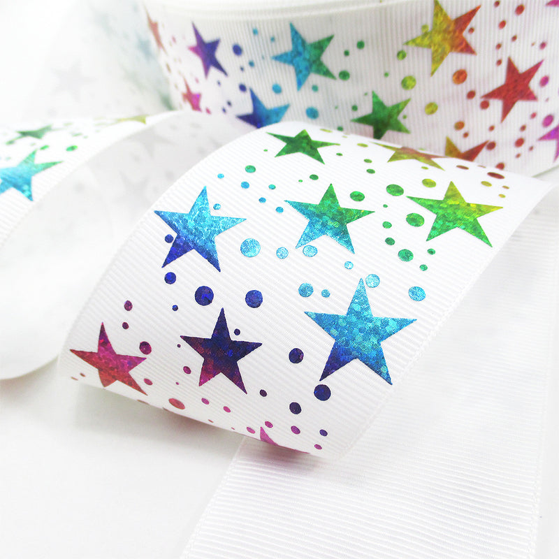 MajorCrafts 50mm 2meters Multicoloured Holographic Star Pattern Single Sided Grosgrain Fabric Ribbon