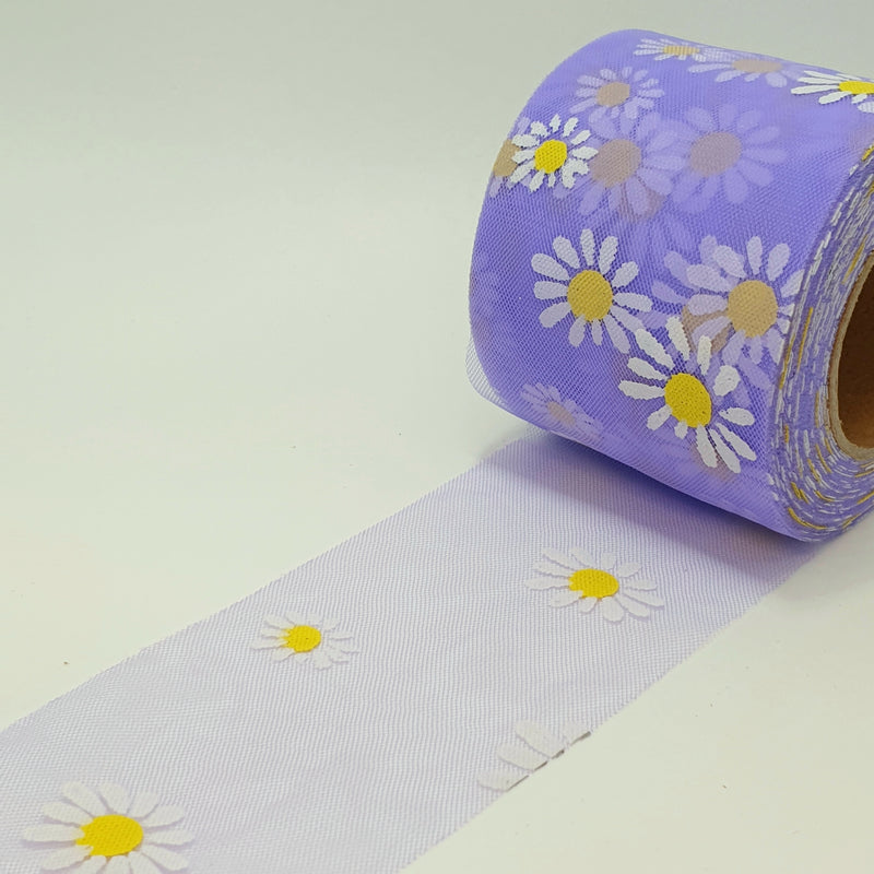 MajorCrafts 60mm 22metres Iris Purple & White Daisy Flower Tulle Mesh Ribbon